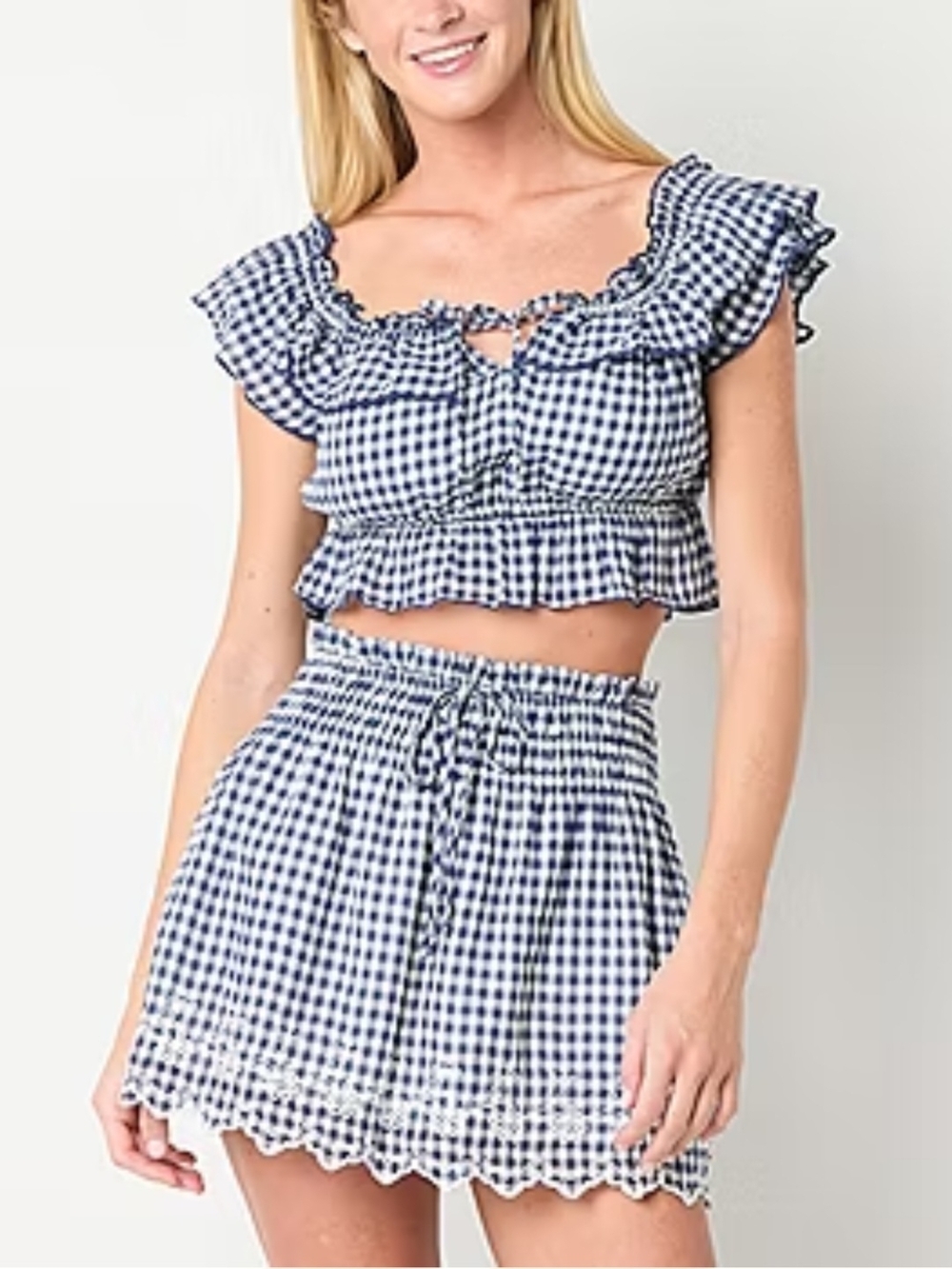 Arizona Jean Company Navy Gingham Off-Shoulder Ruffle Crop Top Large